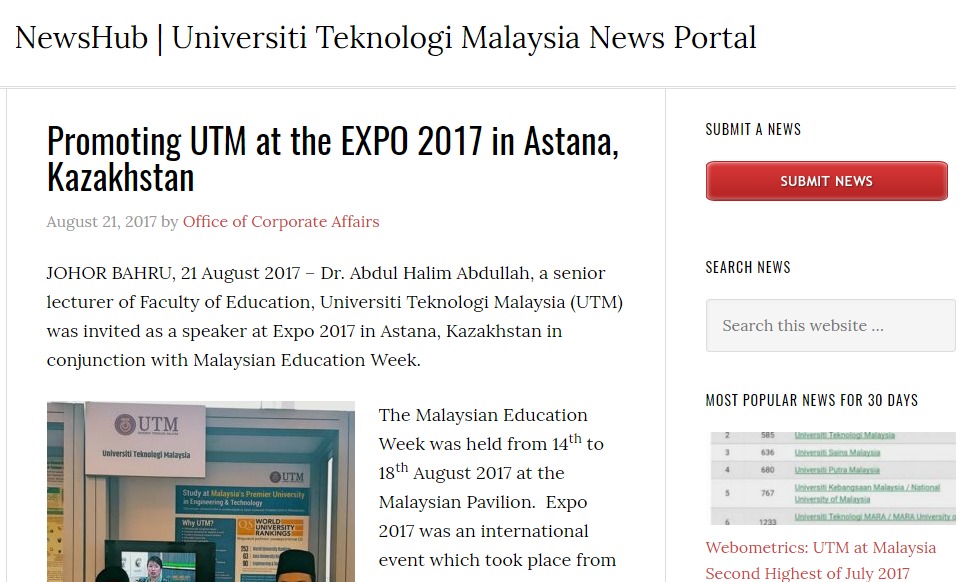 Promoting UTM at the EXPO 2017 in Astana, Kazakhstan